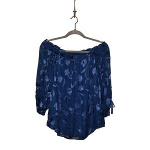 WHITE HOUSE BLACK MARKET $88 Floral Burnout Off-The-Shoulder Blouse Blue PM‎